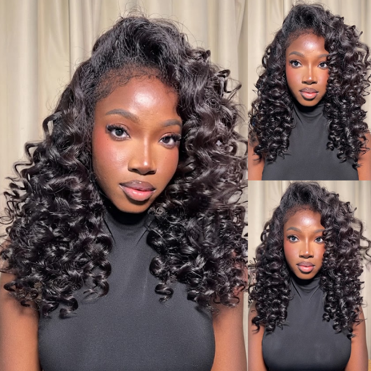 Jet Black Loose Deep Wave Lace Front Wig - Voluminous Bouncy Curl Human Hair Wig with Pre-Plucked Baby Hair- Rafarada