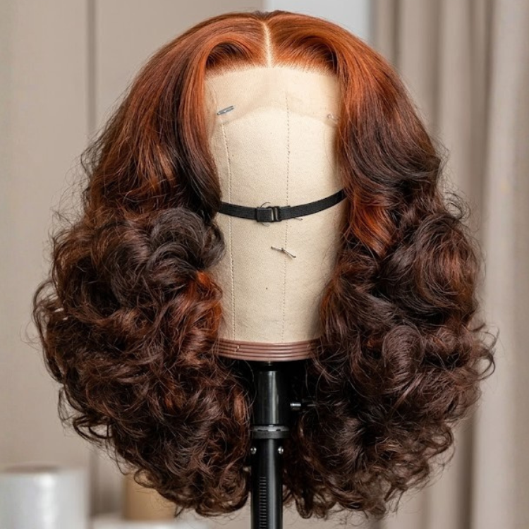 Bouncy Loose Wave Human Hair Wig - Elegant Auburn Ombre & Highlights Mixed Color HD Lace Wig with Natural Hairline- Rafarada