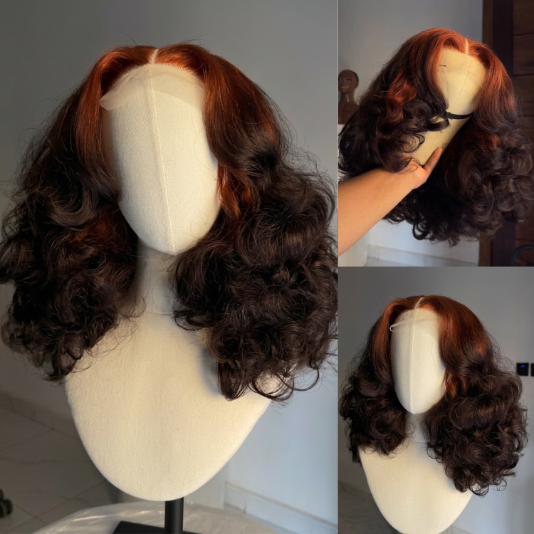 Bouncy Loose Wave Human Hair Wig - Elegant Auburn Ombre & Highlights Mixed Color HD Lace Wig with Natural Hairline- Rafarada