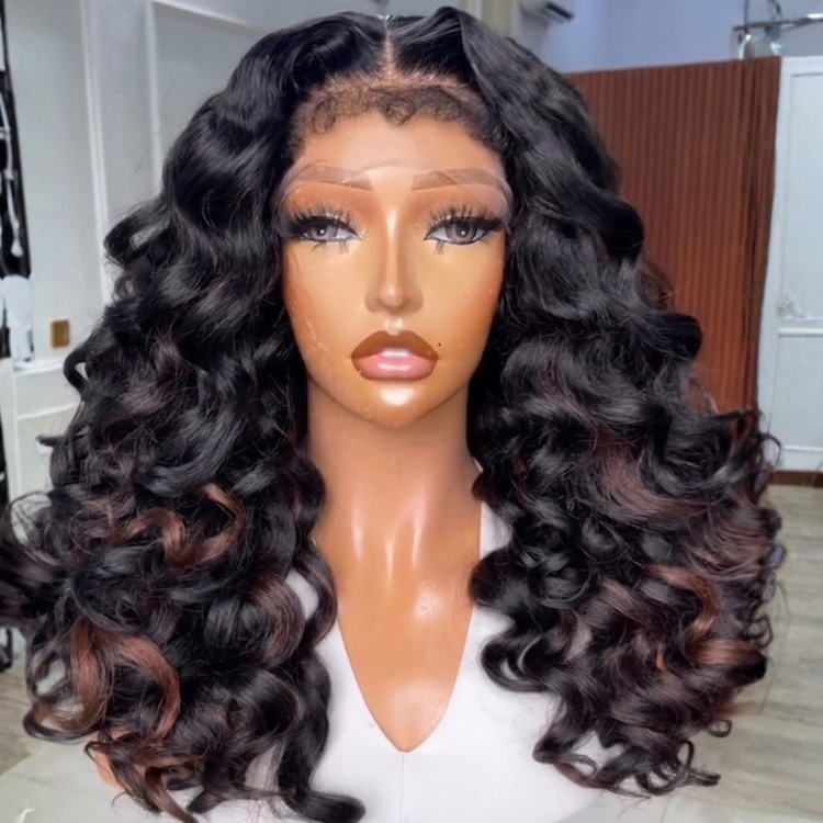 Chocolate Brown with Caramel Highlights Loose Wave Human Hair Lace Front Wig | Glueless | Face-Framing- Rafarada
