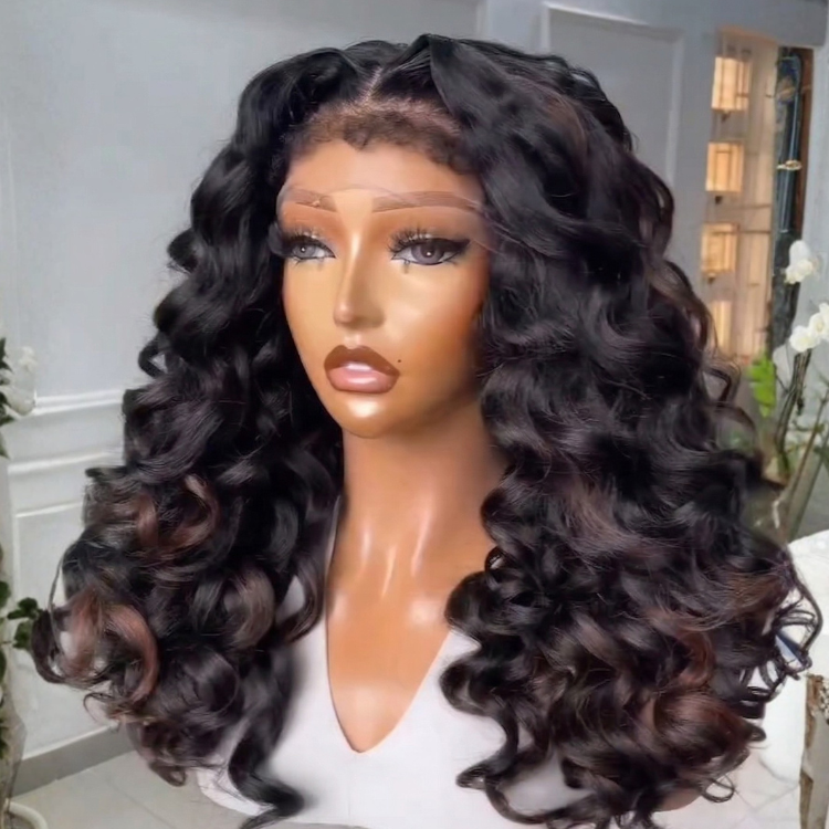 Chocolate Brown with Caramel Highlights Loose Wave Human Hair Lace Front Wig | Glueless | Face-Framing- Rafarada