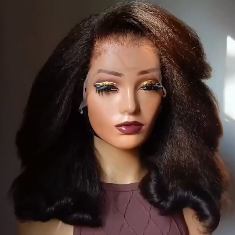 Luxury Yaki Texture Human Hair Wig with Large Bouncy Curls - Natural Black High Volume Bob Glueless Wig - Rafarada