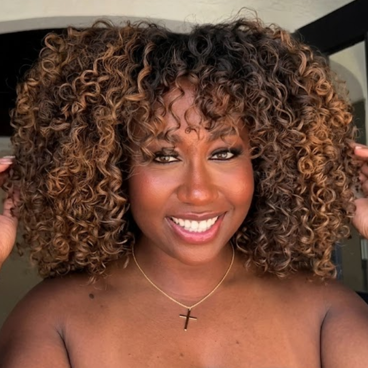 Luxury Medium Brown Highlight Jerry Curly Wig with Bangs, Short Curly Bob Glueless Style for Women - Rafarada