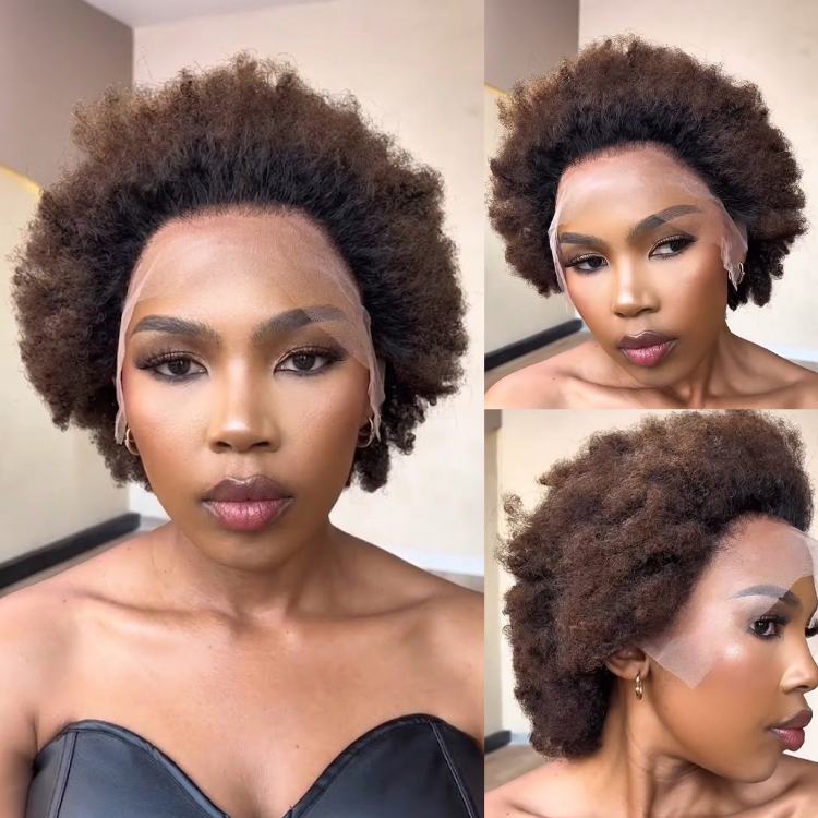 Short Honey Brown Afro Curls Human Hair Wig Glueless HD Lace Front Wig 4C Texture Glueless Lace Wig for Women - Rafarada