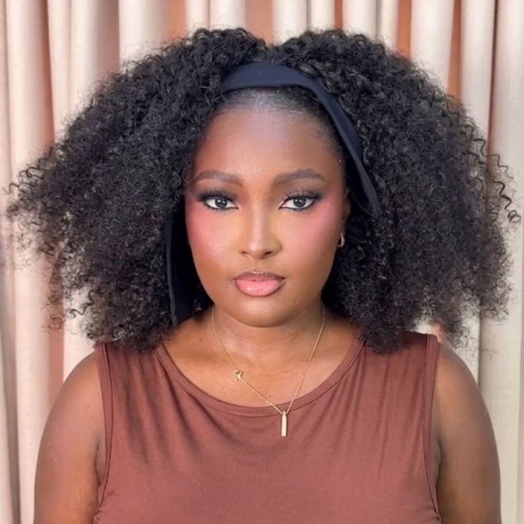 Natural Black Jet Coily Afro Twist Human Hair Headband Wig, Glueless Extra Thick Bounce Curly 'Throw & Go' Wig for Black Women- Rafarada