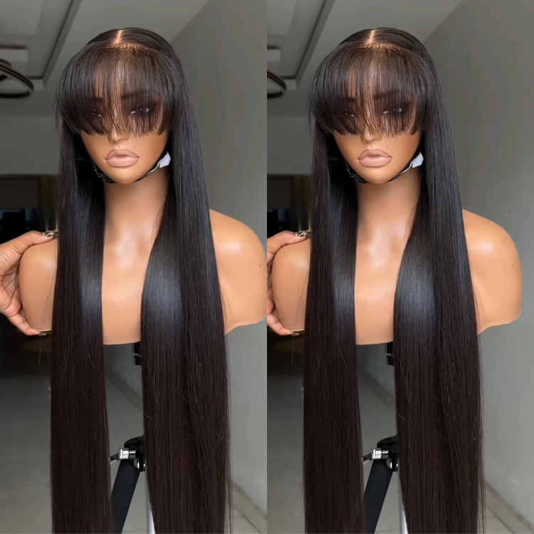 Silky Straight Natural Black Human Hair Wig - Sleek Glueless Lace Wig with Blunt Bangs- Rafarada