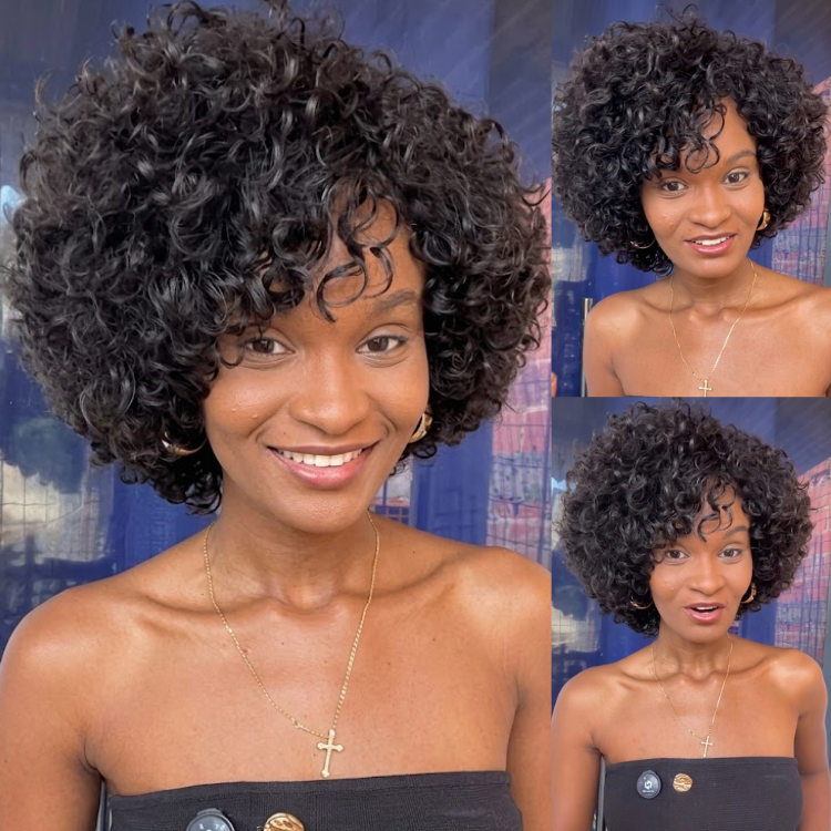 Short Curly Black Human Hair Wig with Bangs Coily and Voluminous Glueless Hair Bob for Natural Look Daily Wear 100% Human Hair - Rafarada