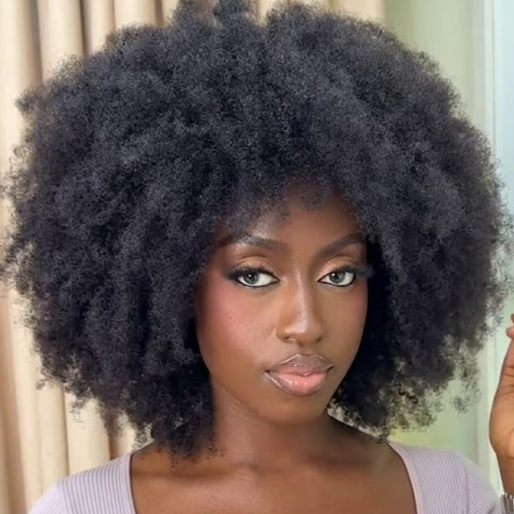 Glueless Afro Kinky Curly Human Hair Lace Front Wig Natural Black Short Bob with Bangs - Rafarada