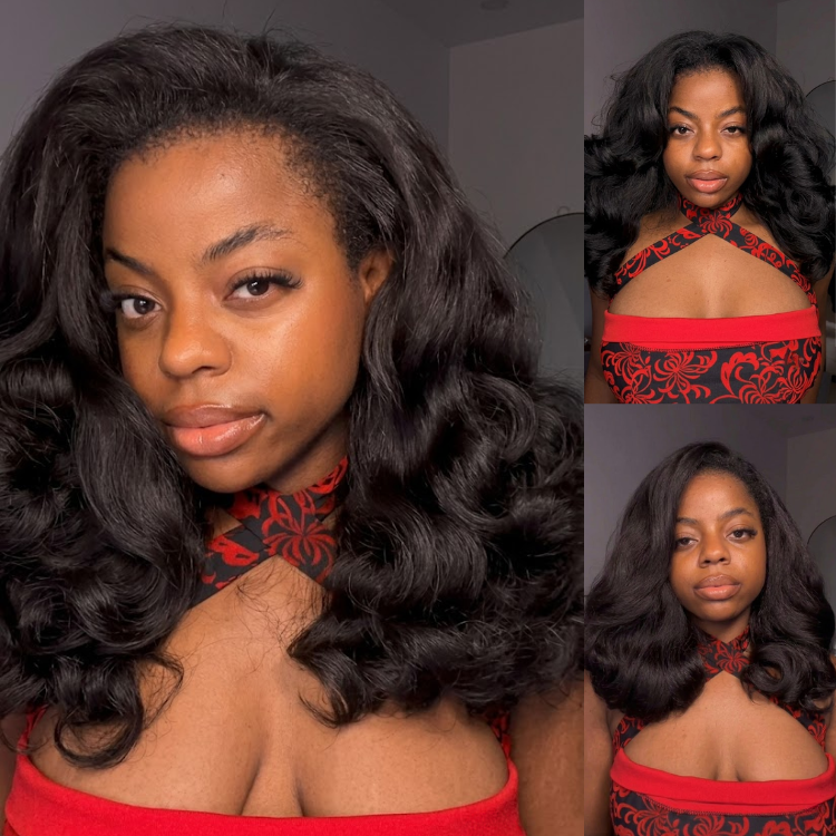 Natural Black Body Wave Human Hair 3-In-1 Half Wig High Density Glueless Flexi-Fit Wig - Rafarada