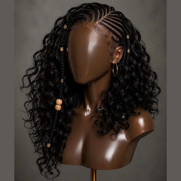 Natural Black Boho Cornrow Braided Curly Wig With Beads Loose Wave Wig Pre-Plucked Hairline With Baby Hair - Rafarada
