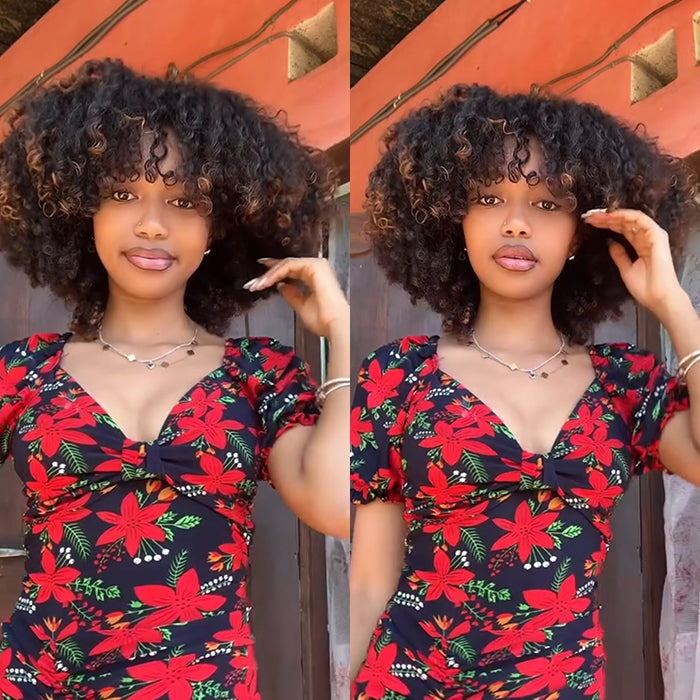 Short Afro Curly Bob Wig With Bangs Natural Black Brown Highlighted Wig Glueless Human Hair Wig- Rafarada
