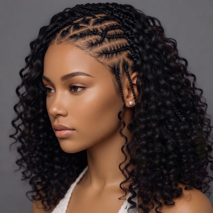 Natural Black Cornrow Braided Curly Human Hair Wig - Glueless Easy Install - Rafarada