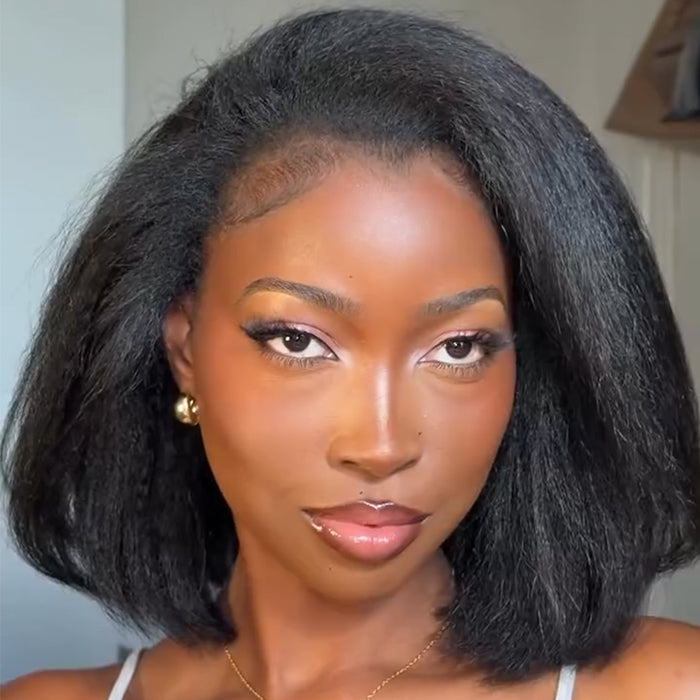 Natural Black Yaki Straight Short Bob Half Wig Seamless Blend Throw & Go Wig - Rafarada
