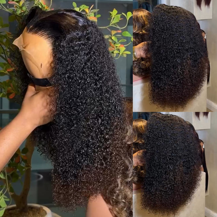 Tight Kinky Curly Human Hair Lace Front Wig - Voluminous Natural Black Spiral Curls Wig with Dark Brown Ends- Rafarada