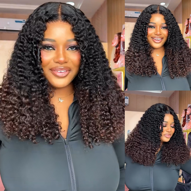 Natural Black To Medium Brown Ombre Kinky Curly Wig - Full Voluminous Afro Curly Glueless Human Hair Wig- Rafarada