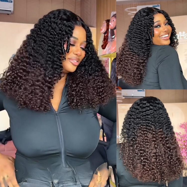 Natural Black To Medium Brown Ombre Kinky Curly Wig - Full Voluminous Afro Curly Glueless Human Hair Wig- Rafarada