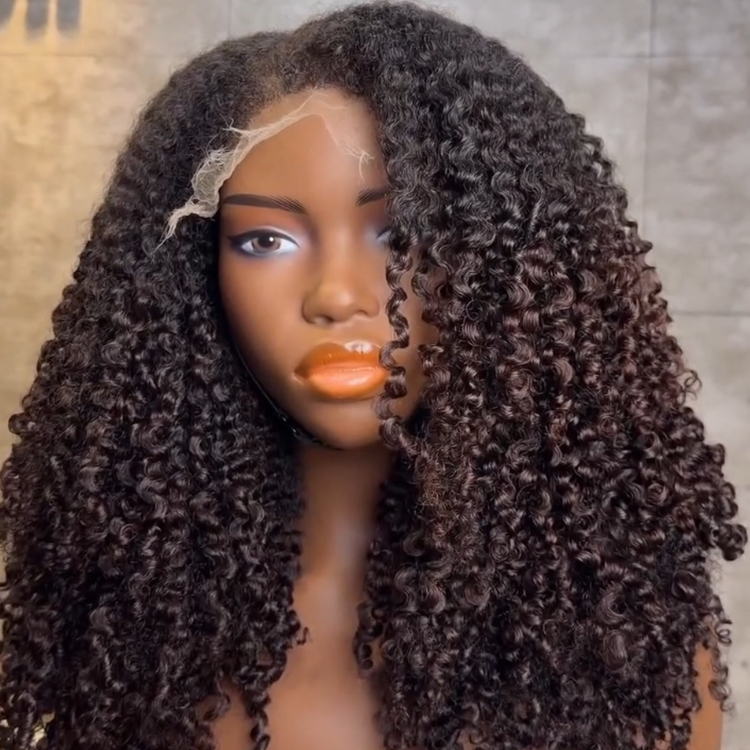 Bouncy Deep Curly Human Hair Wig - Natural Black to Dark Brown Voluminous Kinky Curly Glueless Wig- Rafarada