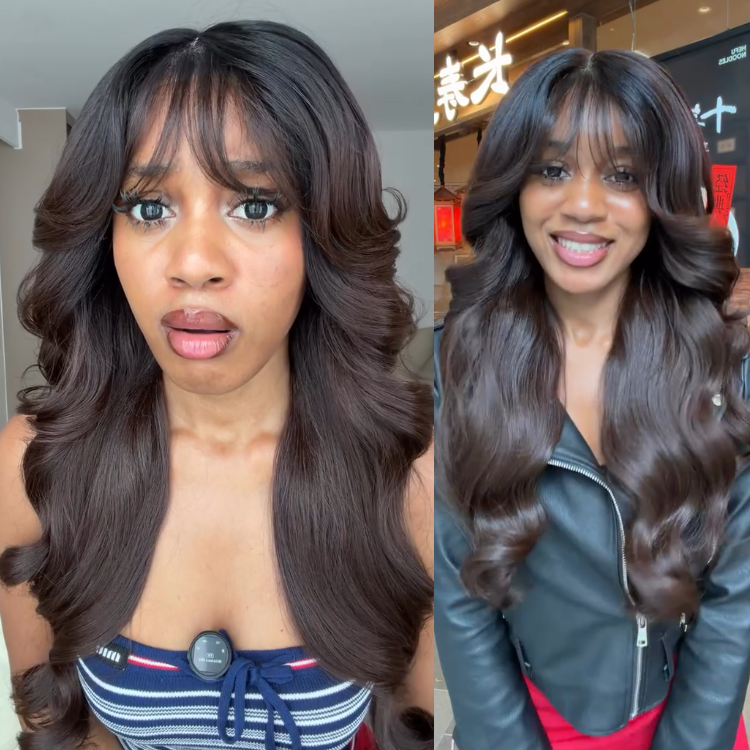 Natural Black to Dark Chocolate Brown Ombre Layered Soft Waves Human Hair Wig Lace Front Big Voluminous Curly Wave Wig- Rafarada