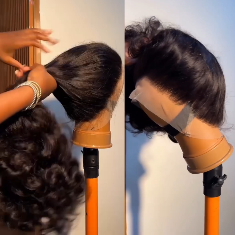 Star-Gaze Natural Black Bouncy Body Wave Wig ¨C Full Volume Glossy Curls | Easy Install Glueless Lace Frontal with Band, Perfect for High Half-Up Styless- Rafarada