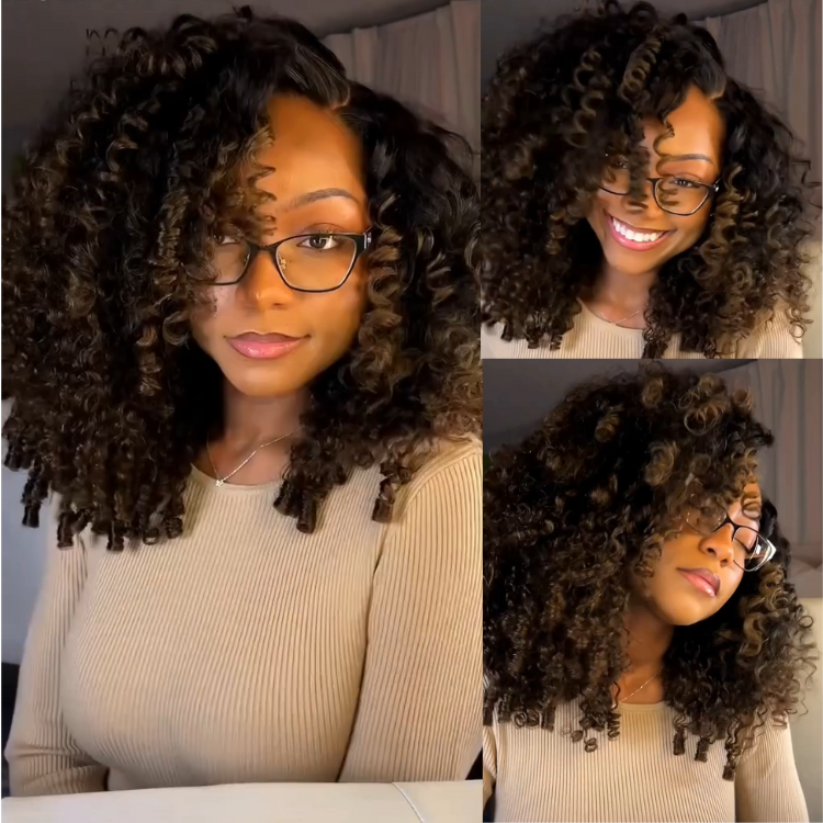 Pre-Plucked Bouncy Curls Lace Front Wig Natural Black Brown Mix Color Thick Voluminous Curly Raw Hair with Highlights Wig - Rafarada