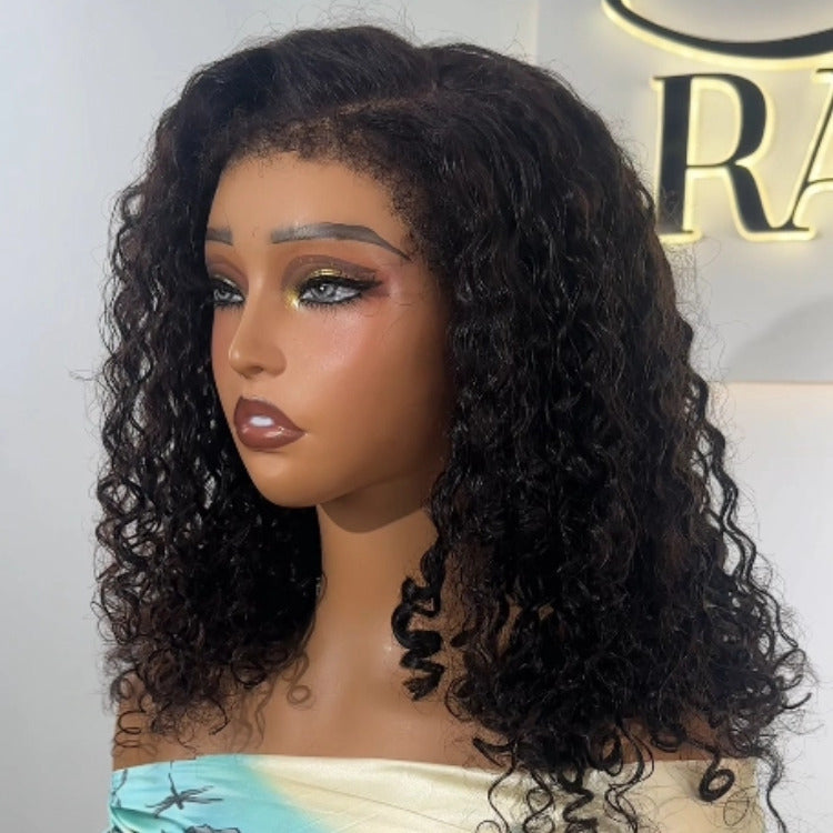 Gorgeous Natural Black Color Water Wave Human Hair Wig Glueless HD Lace Spiral Curly Hair with 4C Texture Edges - Rafarada