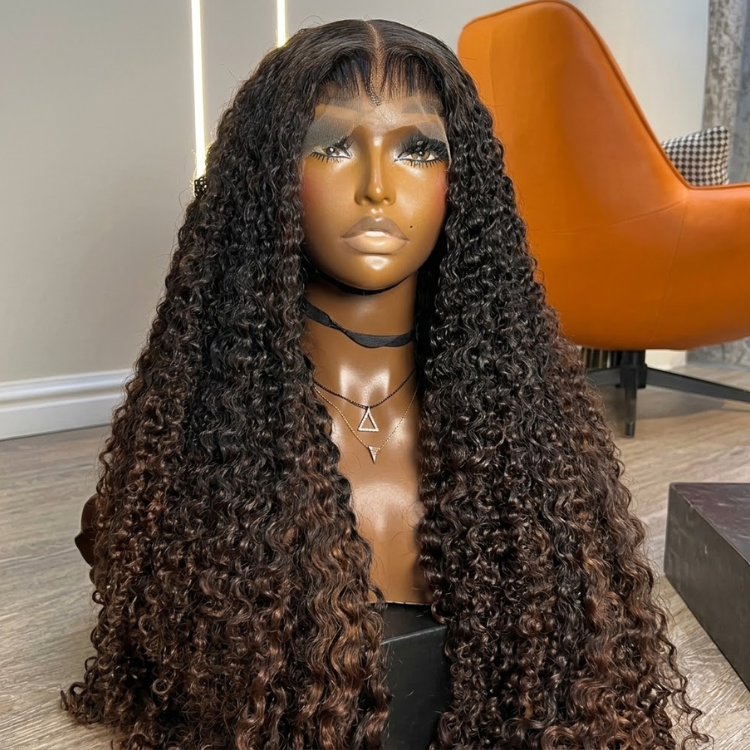 Burmese Curly Human Hair Lace Front Wig - Off Black Ombre to Dark Chocolate Brown Wispy Bangs Luxury Hair - Rafarada