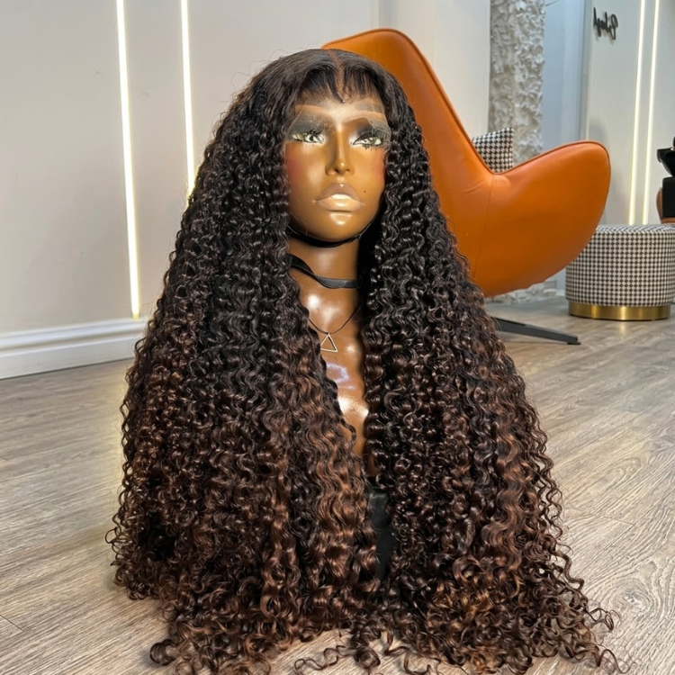 Burmese Curly Human Hair Lace Front Wig - Off Black Ombre to Dark Chocolate Brown Wispy Bangs Luxury Hair - Rafarada