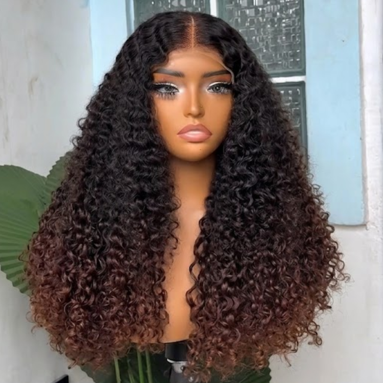 Glueless Deep Curly Human Hair Lace Front Wig Ombre Natural Black to Caramel Brown- Rafarada