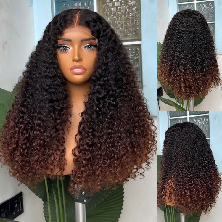 Glueless Deep Curly Human Hair Lace Front Wig Ombre Natural Black to Caramel Brown- Rafarada