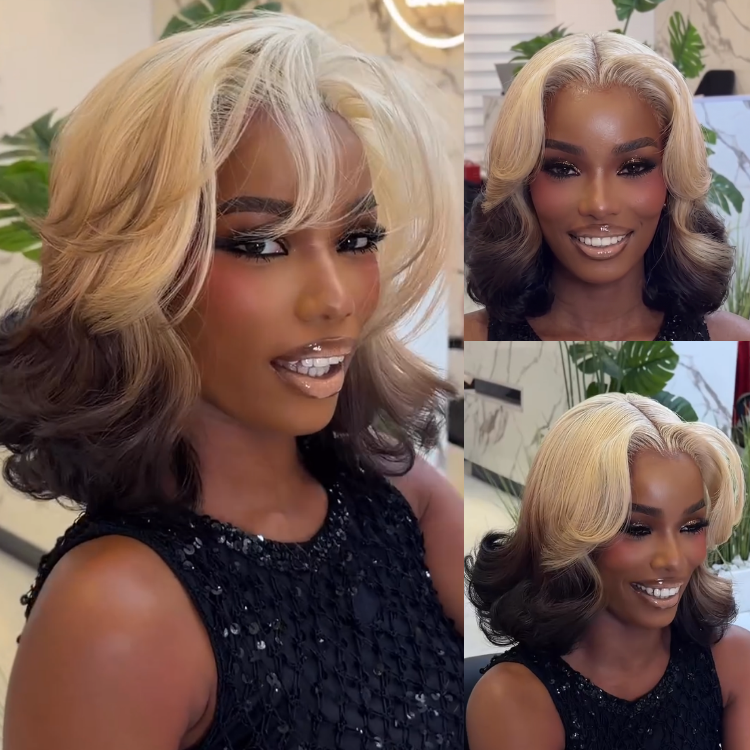 Honey Blonde Ombre Body Wave Wig with Dark Roots ¨C Soft Bouncy Layered Curls Human Hair Wig with Curtain Bangs - Rafarada