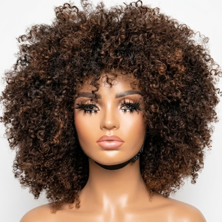 Ombre Brown Kinky Coily Wig with Bangs - Voluminous Afro Curly Glueless Human Hair Wig- Rafarada