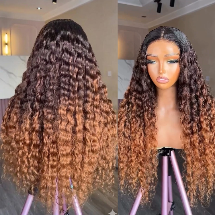 Deep Wave Natural Black to Ombre Brown Highlight Lace Front Human Hair Wig - Rafarada