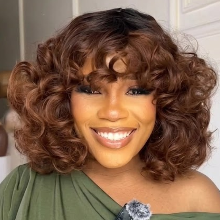 Dark Roots Ombre Brown Short Curly Wig with Bangs - Premium Bouncy Wave Glueless Bob Wig for Women- Rafarada
