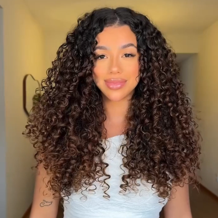 Black to Chocolate Brown Ombre Tight Curly HD Lace Front Human Hair Wig Pre-Plucked - Rafarada