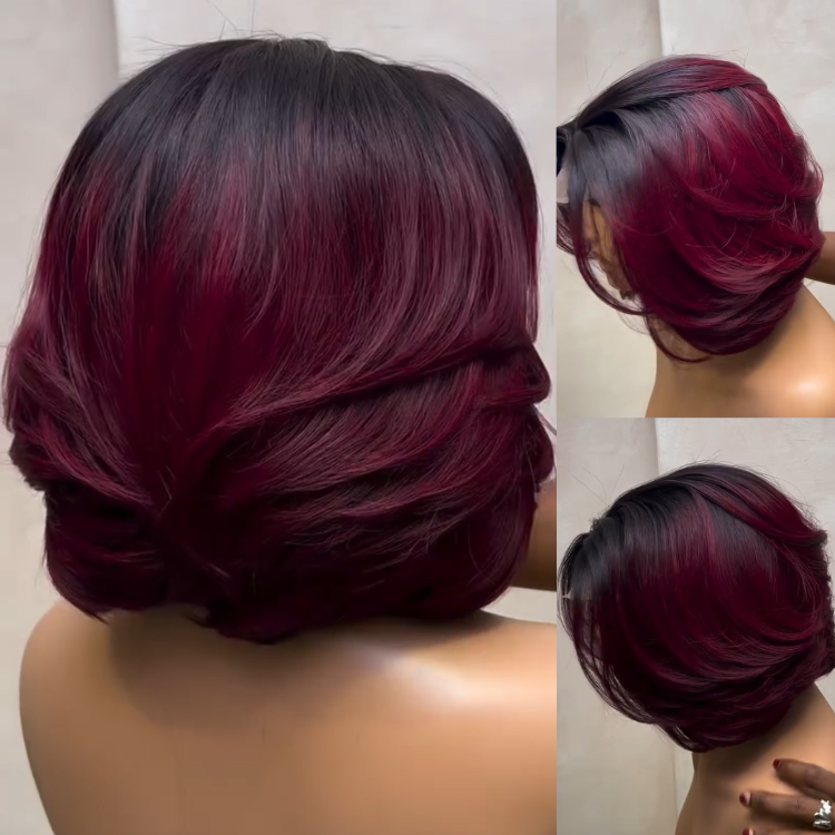 Ombre Burgundy Short Lace Front Wig – Dark Roots to 99J Red Wine Precision Layered C-Curl Bob Wig for Black Women - Rafarada