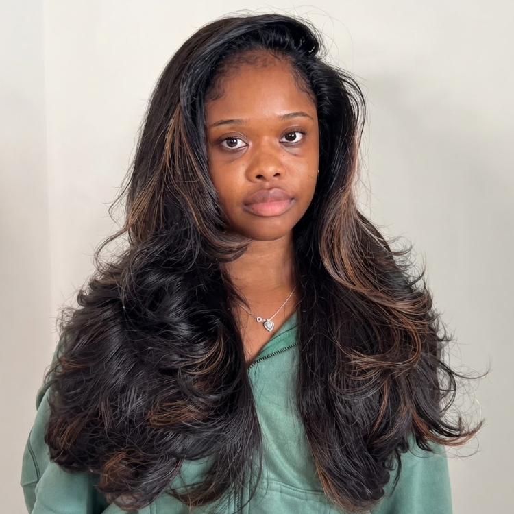 Ombre Caramel Brown Money Piece Human Hair Wig - Voluminous Layered Blowout Curls - Glueless HD Lace Front Wig Natural Hairline- Rafarada