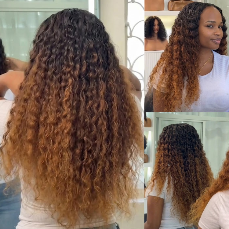 Dark Roots Ombre Caramel Honey Blonde Voluminous Waves Curly Human Hair- Rafarada