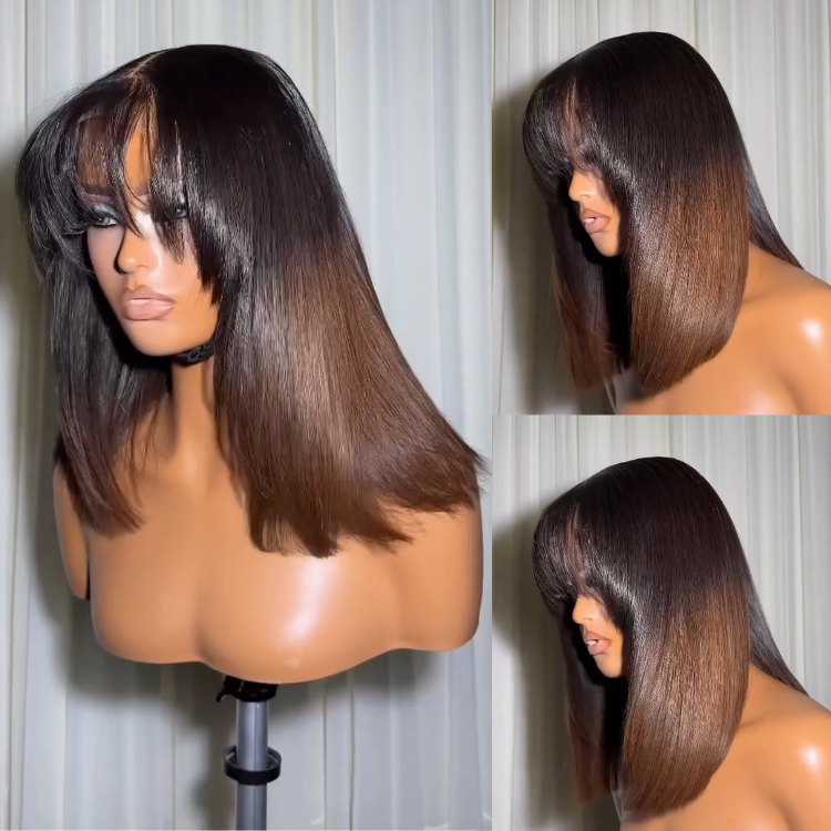 Glueless Ombre Dark Brown Straight Human Hair Wig with Bangs Layered Cut Wear and Go Ready to Wear- Rafarada