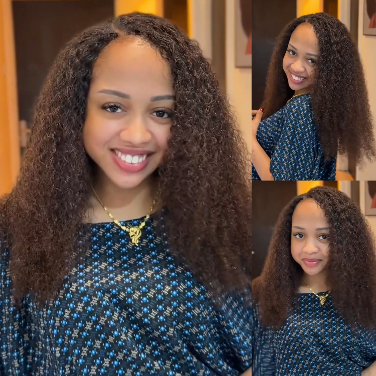 Glueless Ombre Dark Brown Kinky Curly Human Hair Wig Side Part Long Voluminous Jerry Curl Lace Wig - Rafarada