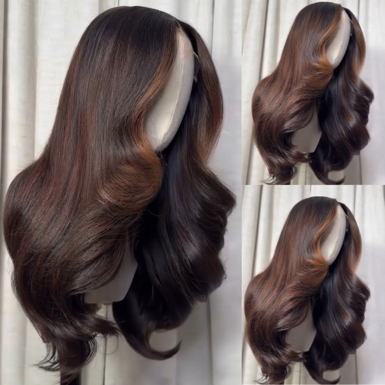 Ombré Dark Root to Caramel Highlight Body Wave Lace Frontal Wig - Voluminous Human Hair- Rafarada