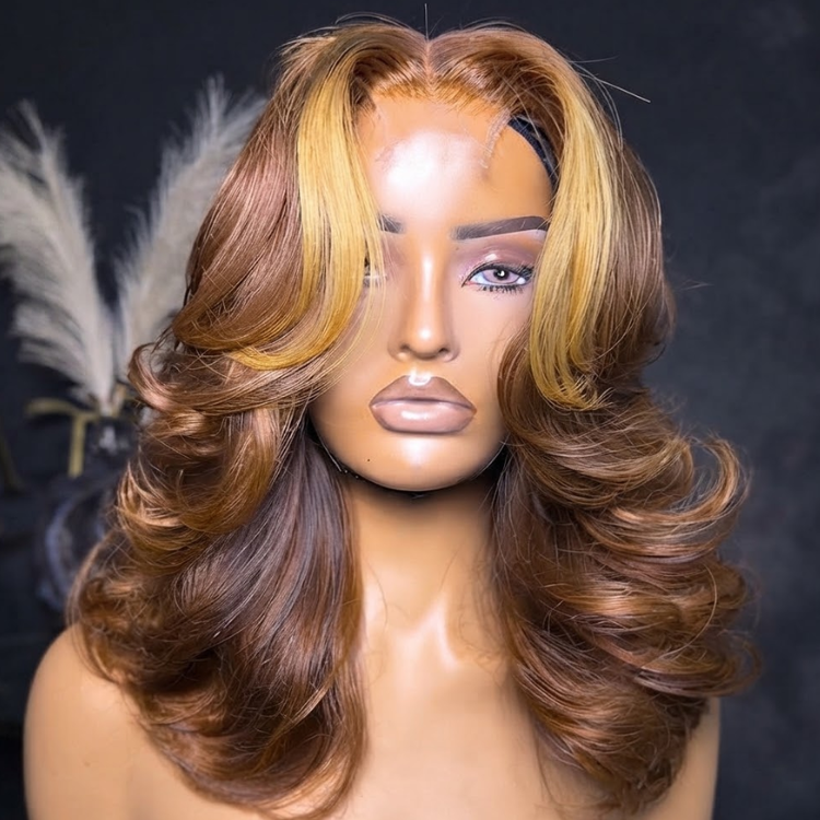 Ombre Golden Blonde Money Piece Human Hair Wig - Voluminous Layered Curls - Glueless HD Lace Front Wig Natural Hairline- Rafarada