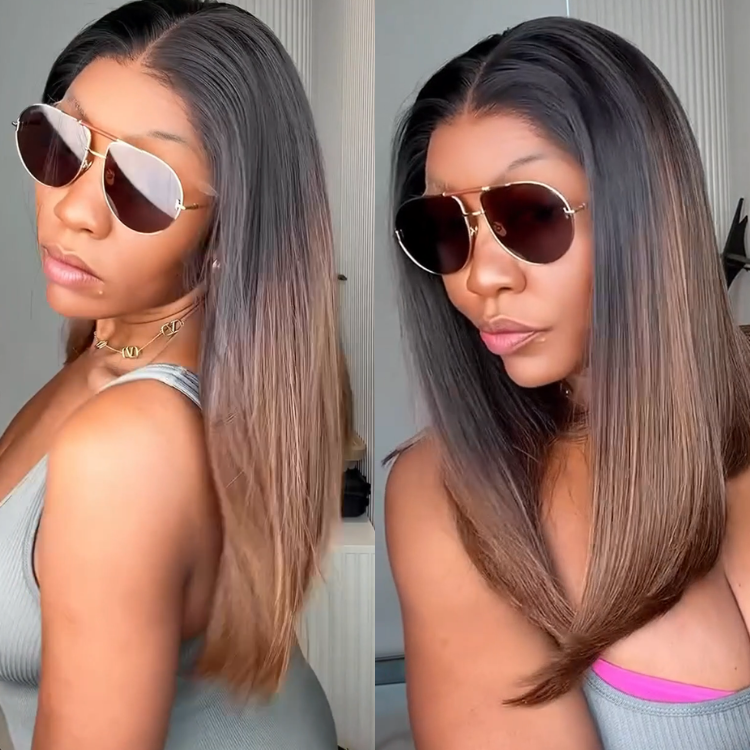 Ombre Highlights Chestnut Brown Straight Wig with Curved Ends High Density Lace Front Wig- Rafarada