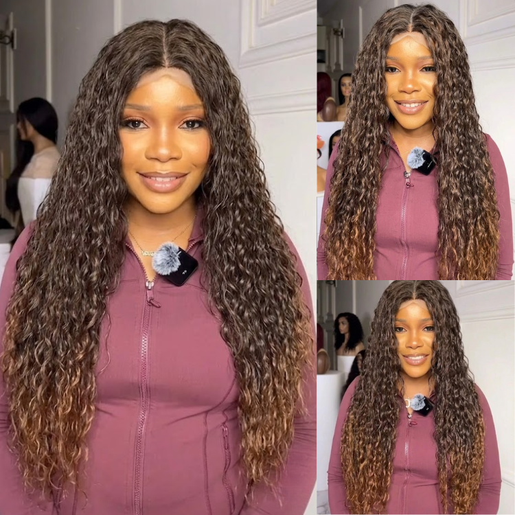 Glueless Ombre Honey Blonde Deep Wave Lace Front Human Hair Wig, HD Transparent Lace Frontal Wig with Dark Roots, Voluminous Water Wave Curly Wig for Women- Rafarada
