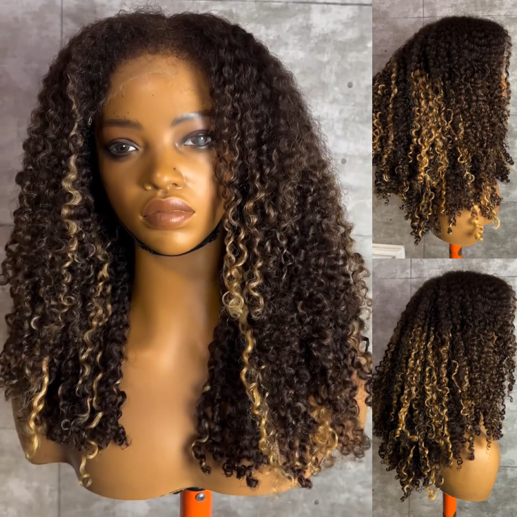 Ombre Honey Blonde Balayage Jerry Curly Lace Front Wig HD Transparent Lace, Dark Roots, Defined Voluminous Curls, Glueless 100% Human Hair Wig- Rafarada