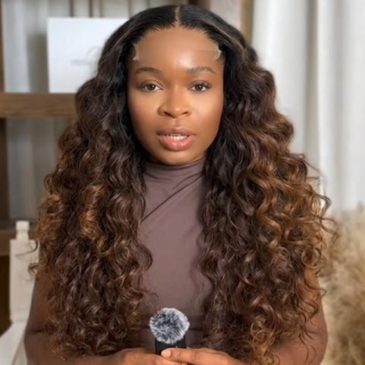 Ombre Honey Brown Water Wave Lace Front Wig Long Bouncy Deep Curly Human Hair Wig - Rafarada