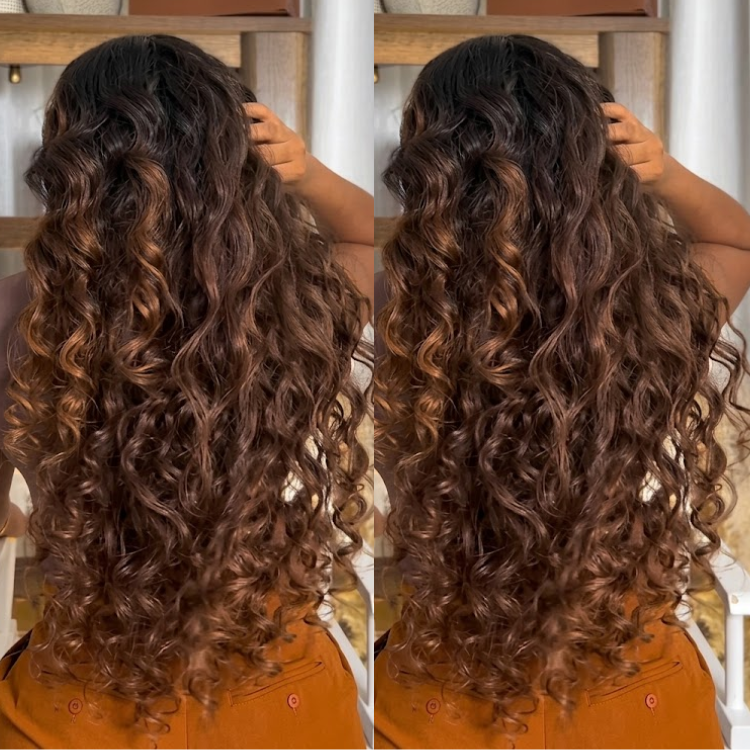 Ombre Honey Brown Water Wave Lace Front Wig Long Bouncy Deep Curly Human Hair Wig - Rafarada