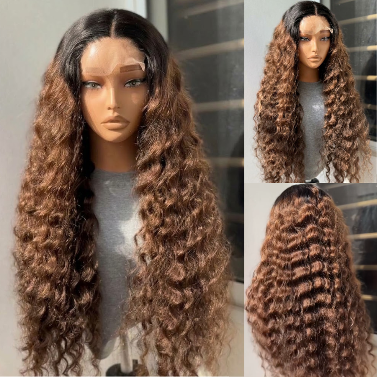 Glueless Ombre Honey Brown Dark Roots Deep Wave Lace Front Wig - High Density HD Transparent Lace Human Hair Wig- Rafarada