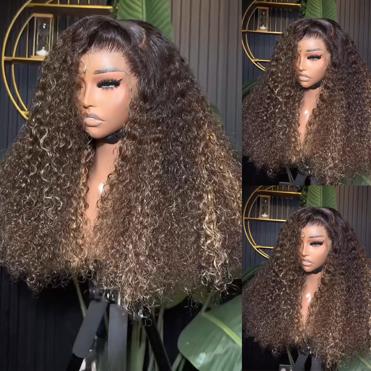 Ombre Piano Highlights Honey Ash Blonde Kinky Jerry Curly Lace Wig High Density Human Hair- Rafarada