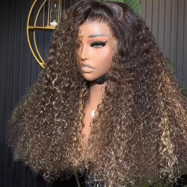 Ombre Piano Highlights Honey Ash Blonde Kinky Jerry Curly Lace Wig High Density Human Hair- Rafarada