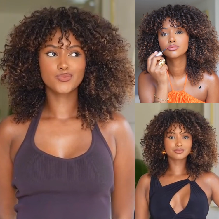 Ombre Reddish Brown Curly Wig with Bangs Glueless HD Lace Wigs Afro Kinky Curly Human Hair Wig with Brown Highlights- Rafarada